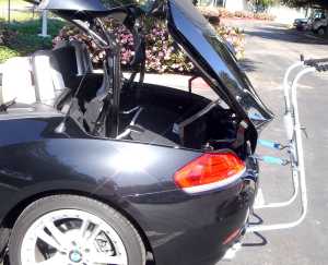 OEM quality Bike Racks & eBike Racks for BMW Z4 Mk2. 3 minute on/off. Stores inTrunk. No cut, drill, removals to install under car parts. Inconspicuous