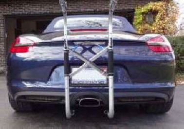 Bike Racks, eBike Racks for Porsche Boxster 981 & 718. 
3 minute on/off. Stores inTrunk. No cut, drill or removals to install under car parts. Inconspicuous